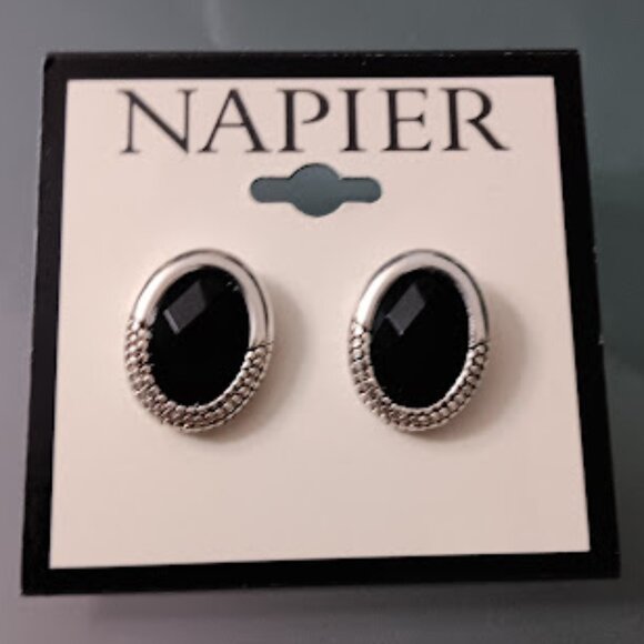 NAPIER Mod/Contemporary Silver/Black Stone Oval Shaped Earrings**NEW! - Picture 2 of 4